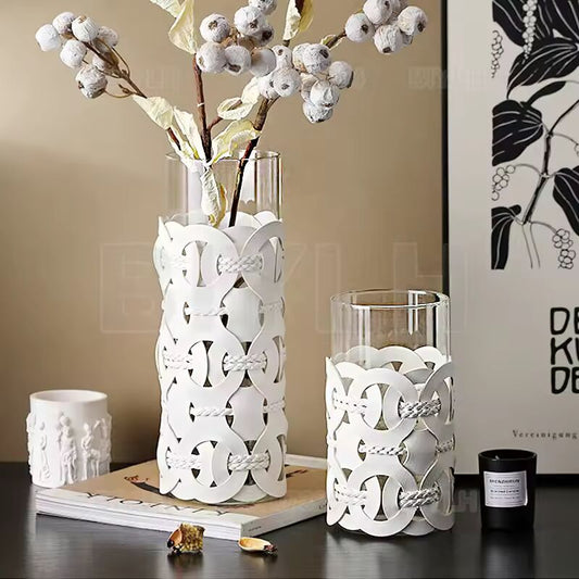 Woven Leather Glass Vase Straight Glass Flower Arrangement For Home Decoration Handmade Leather Vase Modern Desktop Ornament